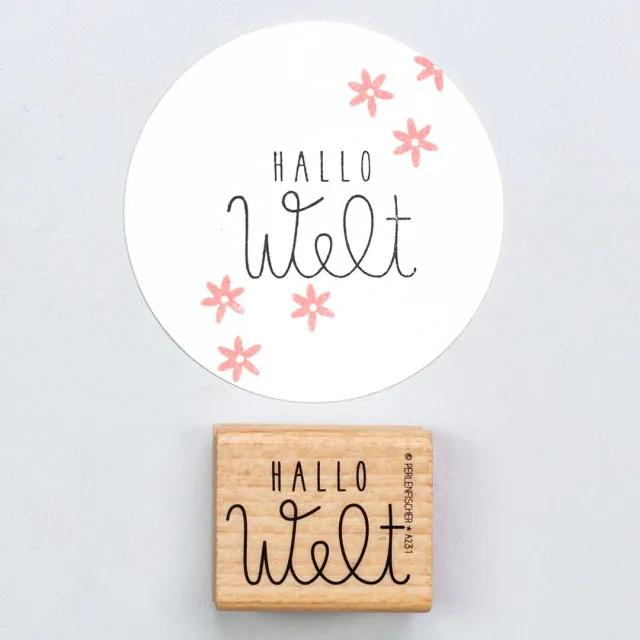 Perlenfischer Hallo Welt Stempel Holz 25x37 mm