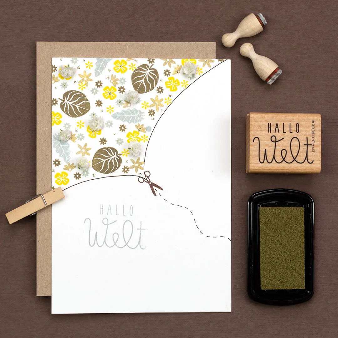 Perlenfischer Hallo Welt Stempel Holz 25x37 mm