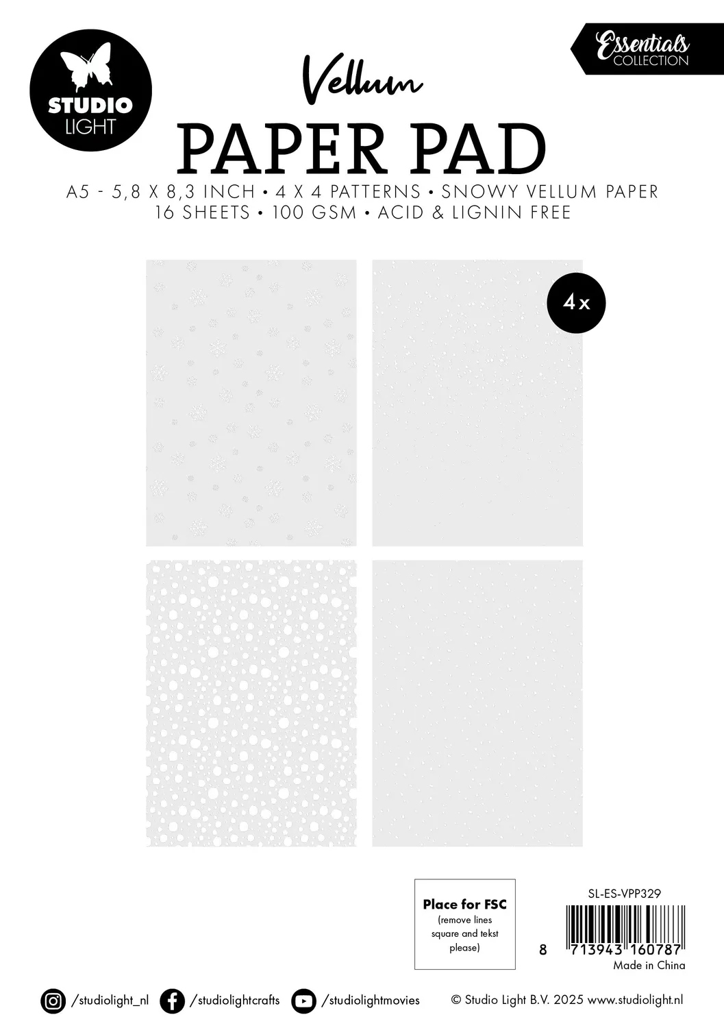 StudioLight Essentials Vellum Papierblock Snowflakes 16 Blatt