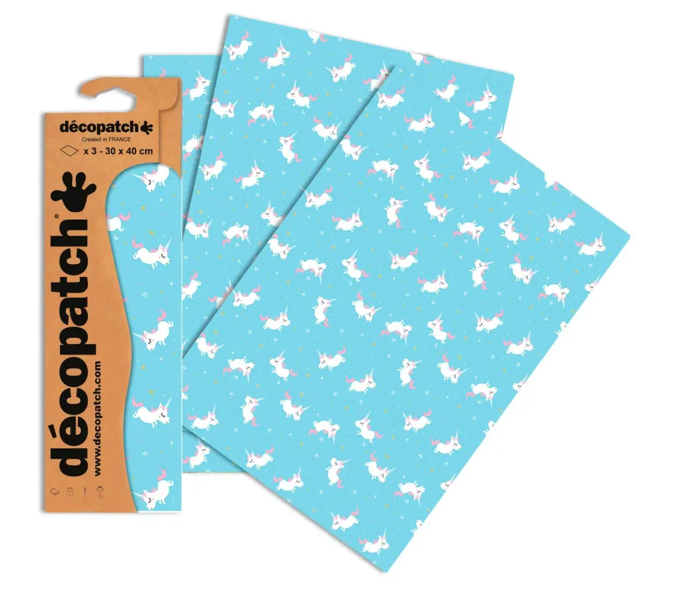 décopatch No.727 Papier Einhorn blau 3 Bögen