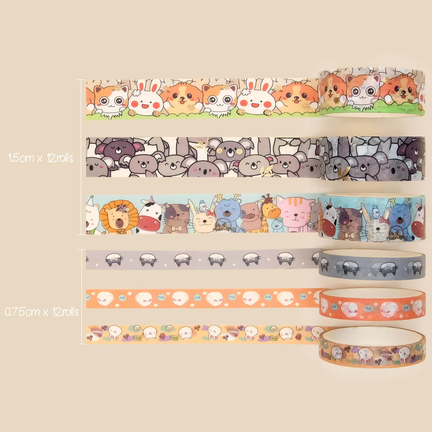 Ieebee Cat & Dog Washi Tape Set 24 Rollen Kawaii