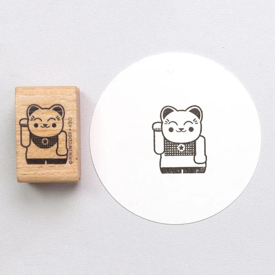 Perlenfischer Winkekatze Stempel 30x24 mm Holz