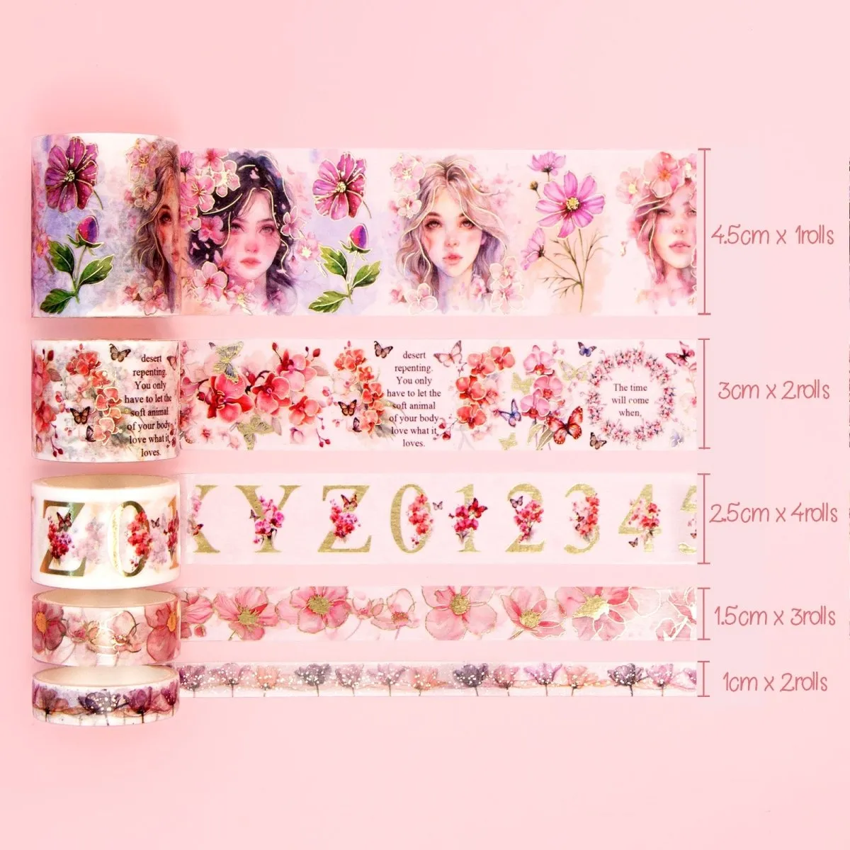 Ieebee Alphabet Floral Washi Tape Set 12 Rollen Rosa Gold