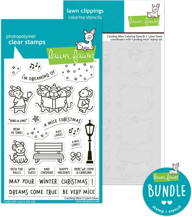 Lawn Fawn Caroling Mice Stempelset mit Schablone Bundle Weihnachten