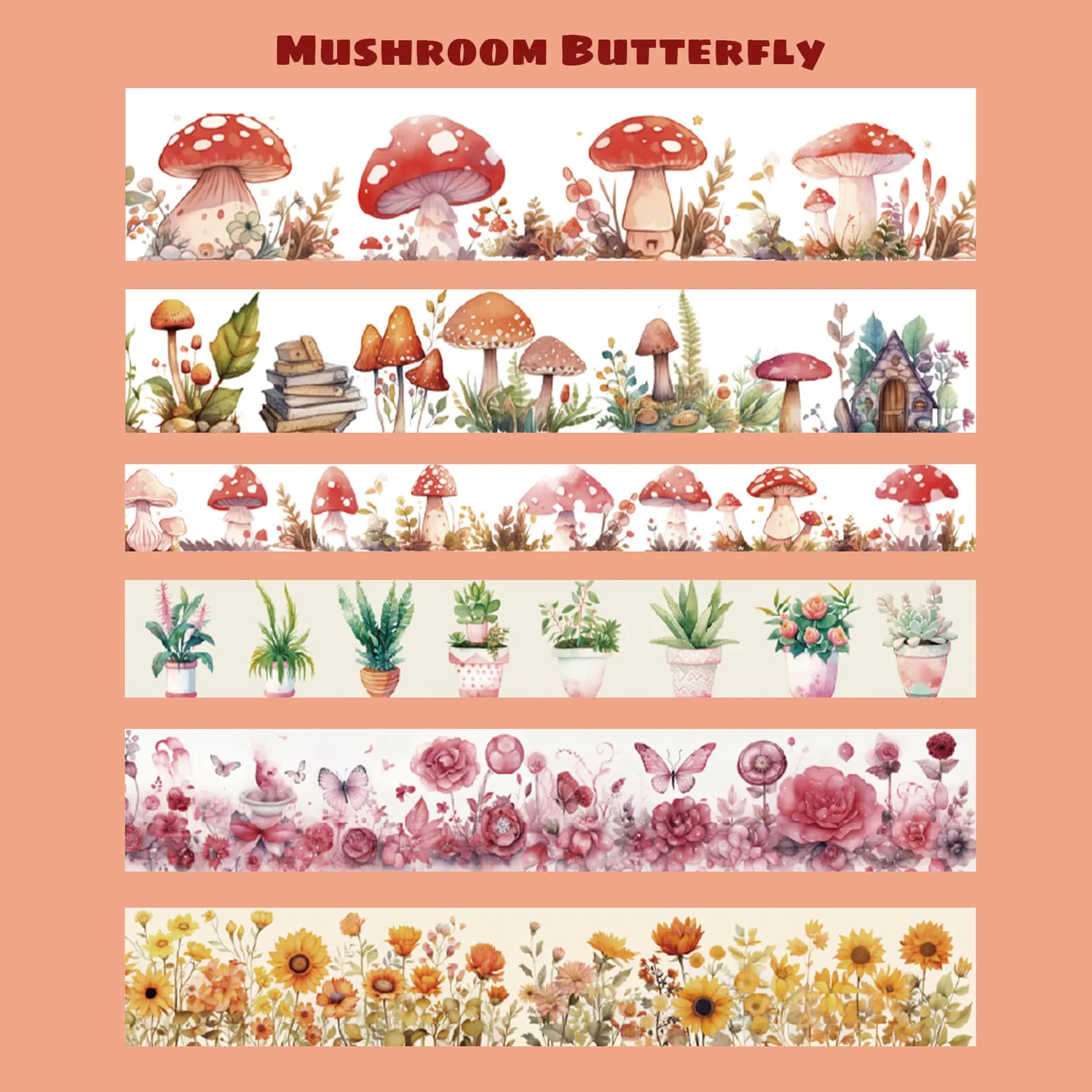 Ieebee Butterfly Fairy Garden Washi-Tape 13 Rollen Pilz