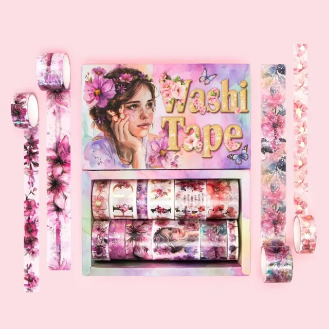 Ieebee Alphabet Floral Washi Tape Set 12 Rollen Rosa Gold