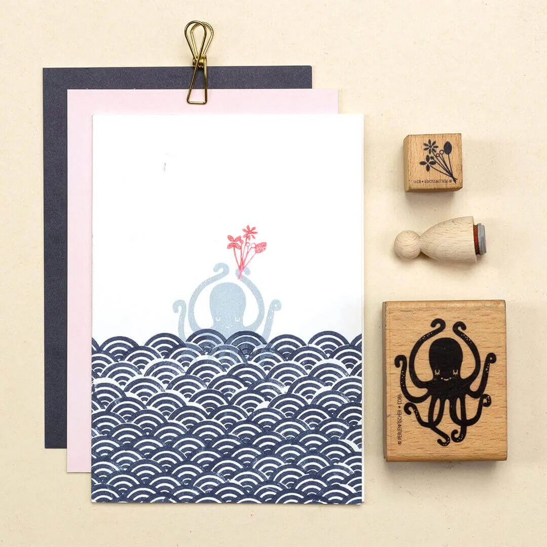 Perlenfischer Oktopus Stempel Holz 53 x 42 mm