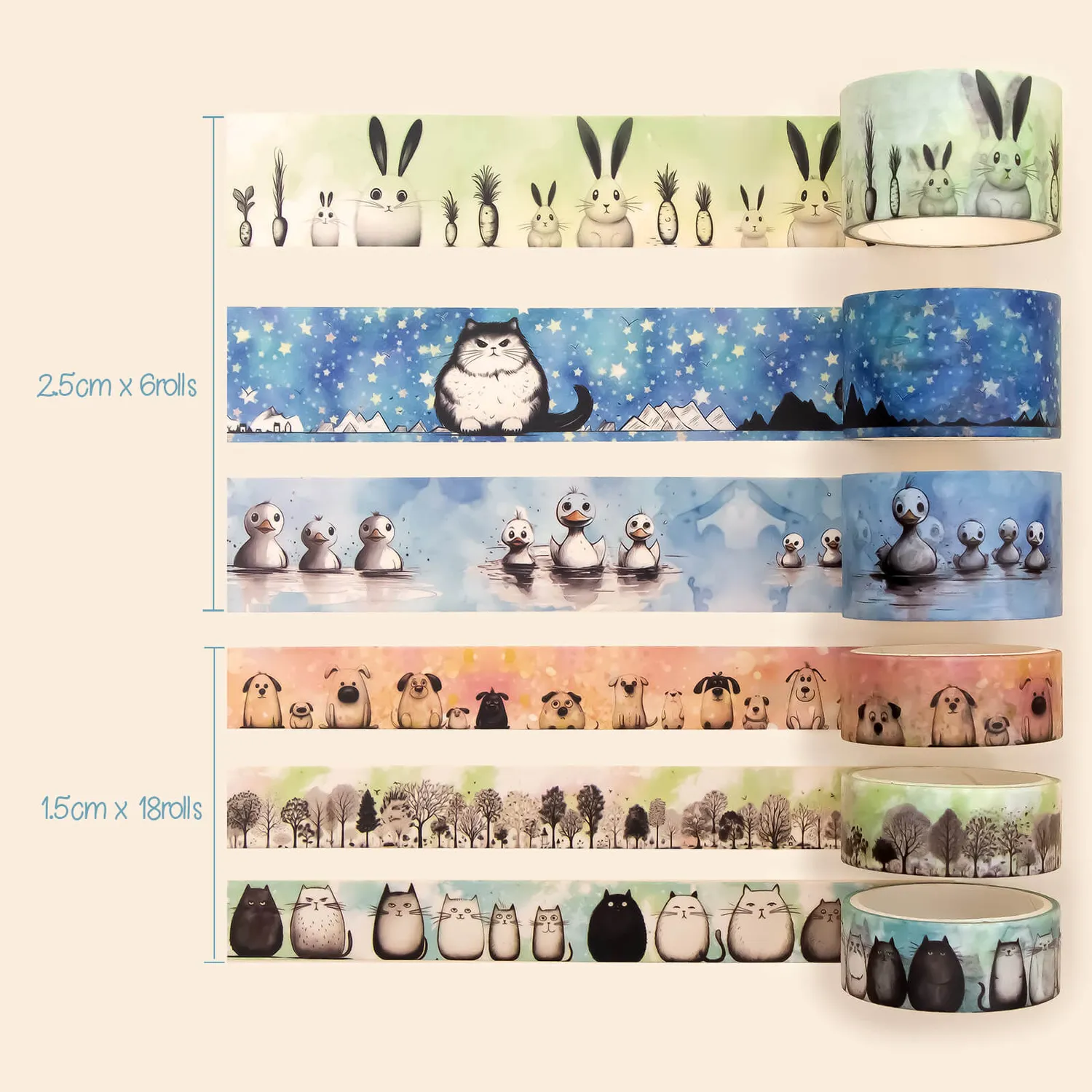 Ieebee Tier Washi Tape 24 Rollen Katze Hund Hase