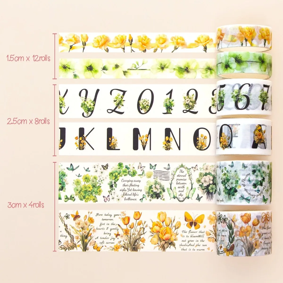 Ieebee Alphabet Washi Tape Set 24 Rollen floral Buchstaben